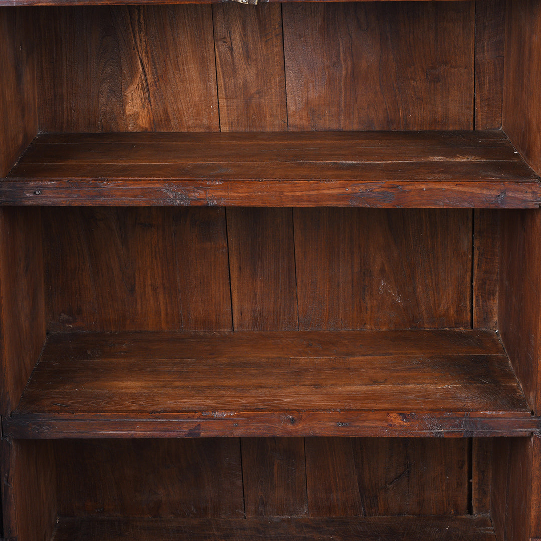 Shelf Detail From 19th Century Indian Teak Almirah Cabinet With Deeply Carved Sunburst Panels And Indo Portuguese Influence