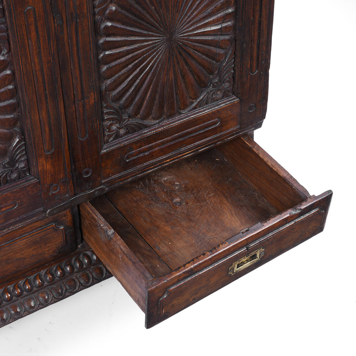 Drawer Interior Detail From 19th Century Indian Teak Almirah Cabinet With Deeply Carved Sunburst Panels And Indo Portuguese Influence