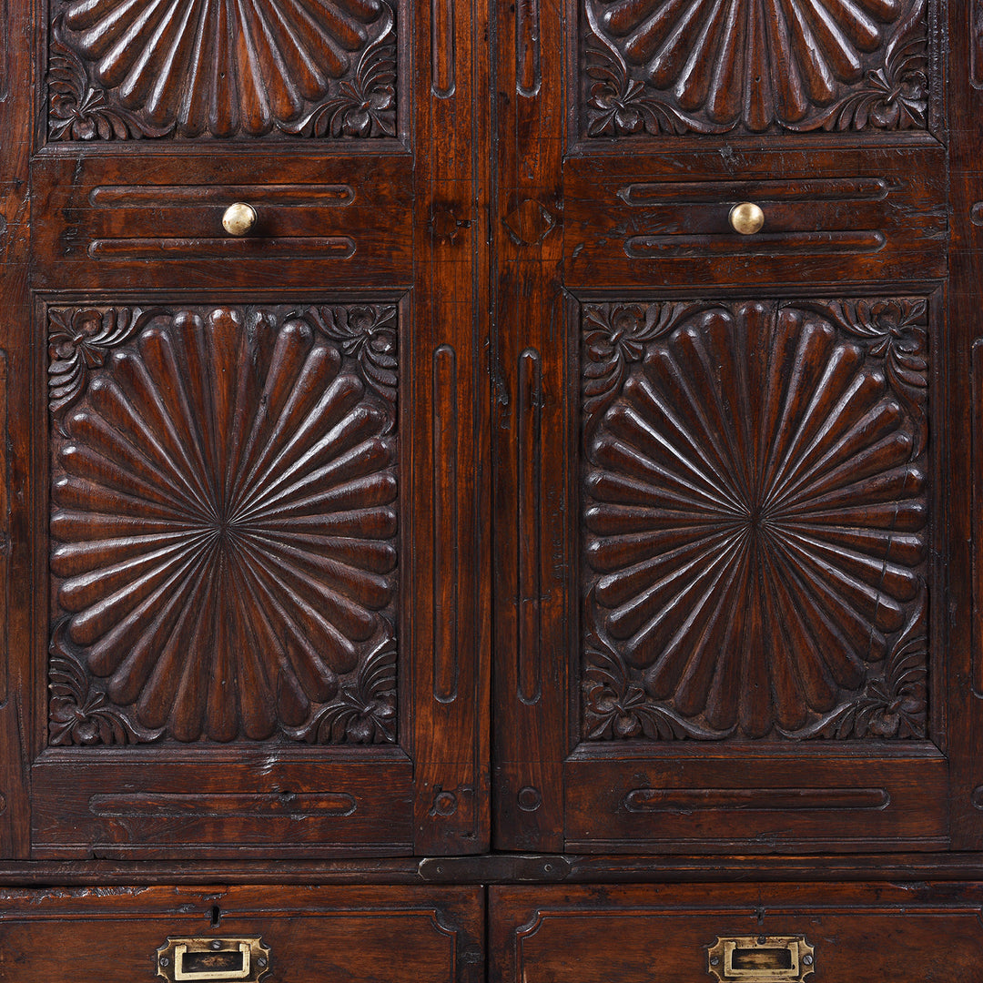 Sunburst Detail From 19th Century Indian Teak Almirah Cabinet With Deeply Carved Sunburst Panels And Indo Portuguese Influence