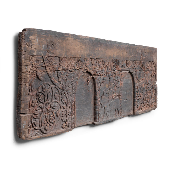 Angled View Of Antique Indian Tribal Carved Cedar Panel From Kullu | Indigo Antiques