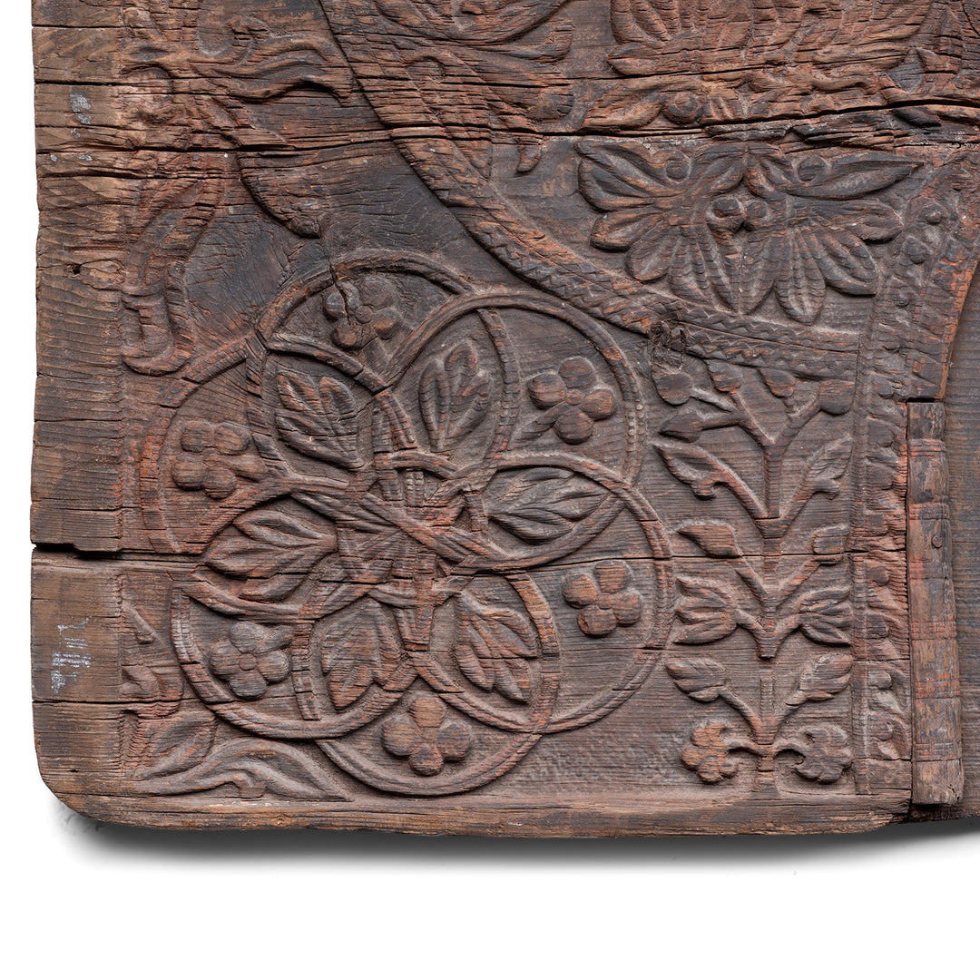 Carving Detail From Antique Indian Tribal Carved Cedar Panel From Kullu | Indigo Antiques