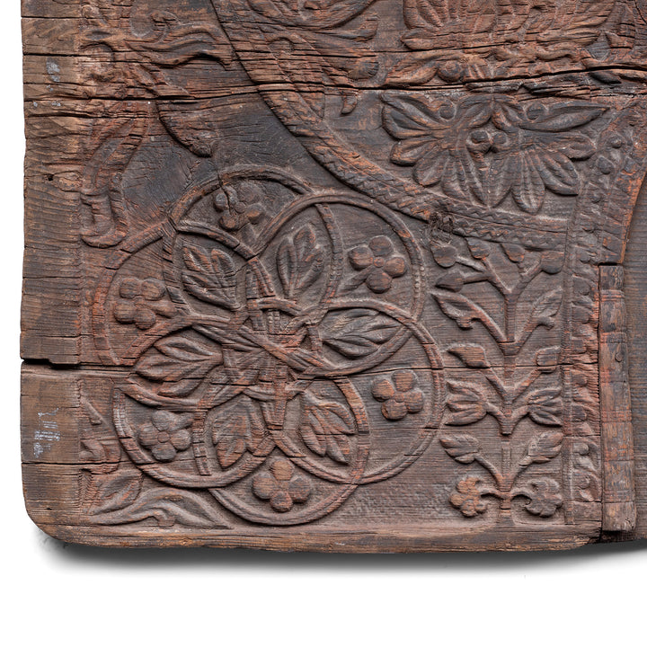 Carving Detail From Antique Indian Tribal Carved Cedar Panel From Kullu | Indigo Antiques