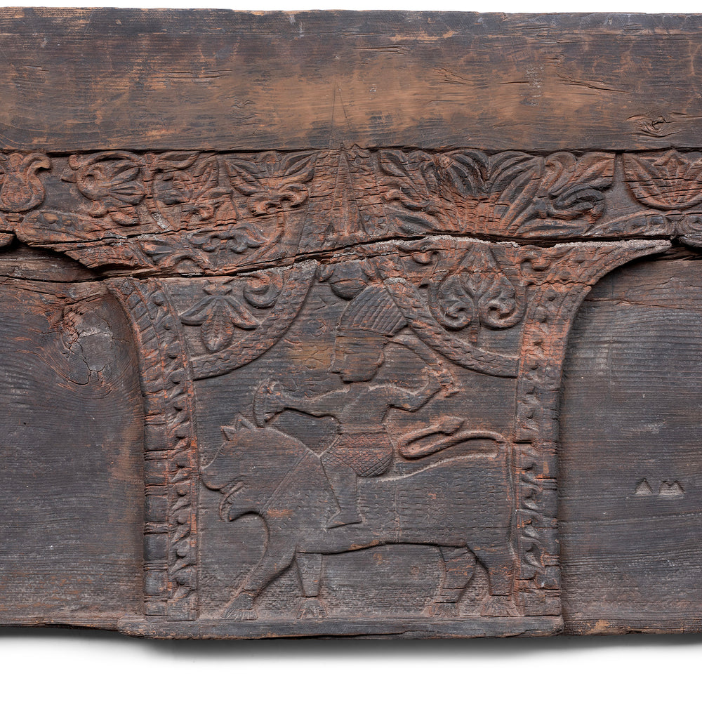 Figure Carving Detail From Antique Indian Tribal Carved Cedar Panel From Kullu | Indigo Antiques