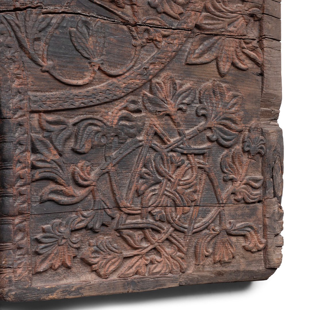 Carving Detail From Antique Indian Tribal Carved Cedar Panel From Kullu | Indigo Antiques