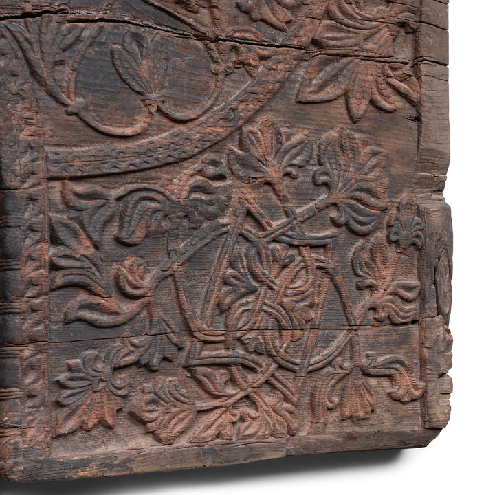 Carving Detail From Antique Indian Tribal Carved Cedar Panel From Kullu | Indigo Antiques