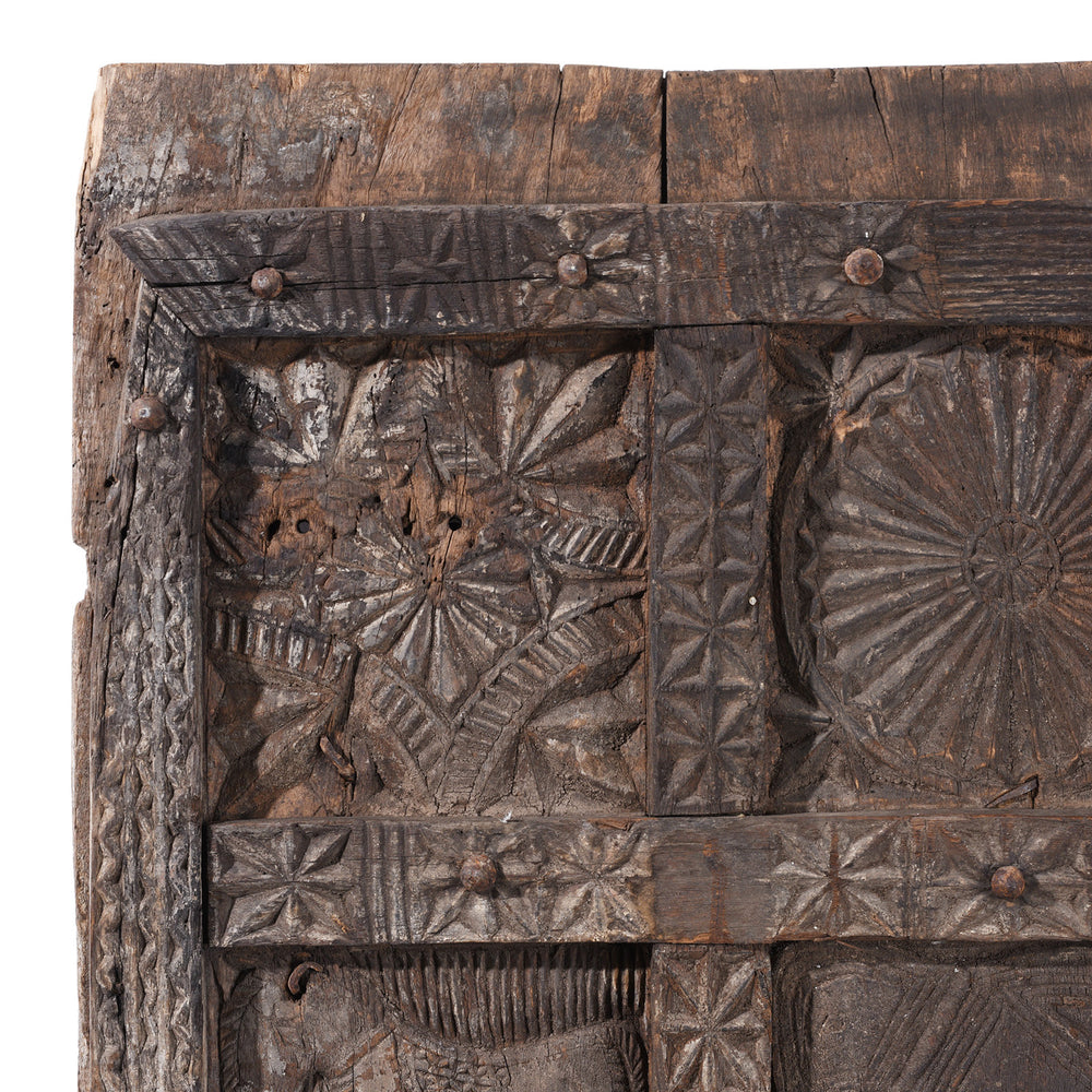 Corner Detail From 19th Century Hand Carved Cedar Door Panel From Kullu With Animal And Geometric Motifs | Indigo Antiques