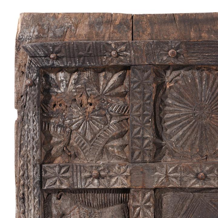 Corner Detail From 19th Century Hand Carved Cedar Door Panel From Kullu With Animal And Geometric Motifs | Indigo Antiques