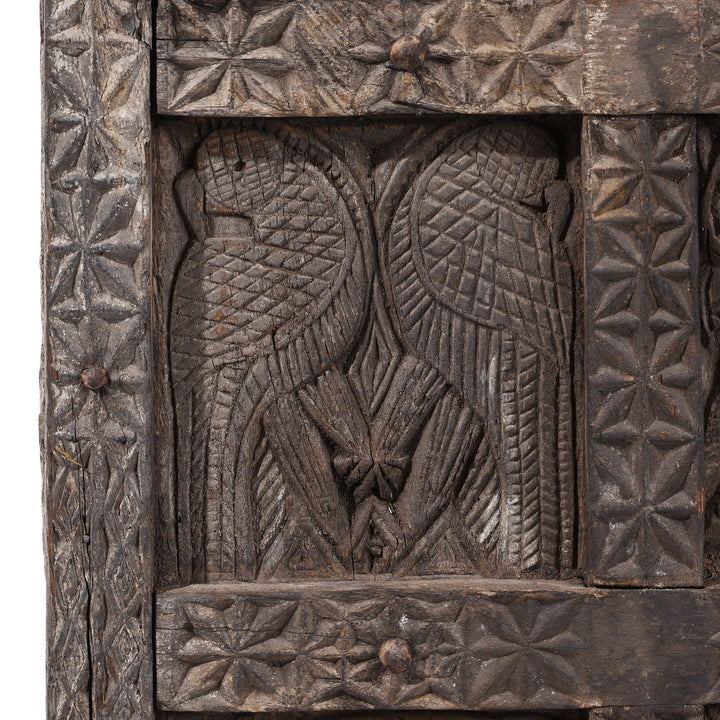 Parrot Carvings Detail From 19th Century Hand Carved Cedar Door Panel From Kullu With Animal And Geometric Motifs | Indigo Antiques