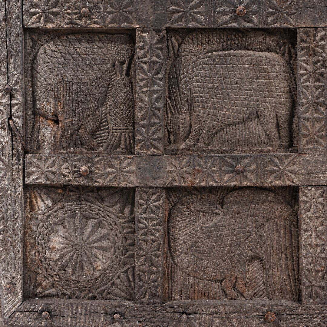 Carving Detail From 19th Century Hand Carved Cedar Door Panel From Kullu With Animal And Geometric Motifs | Indigo Antiques
