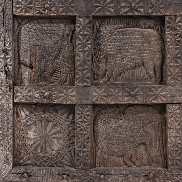 Carving Detail From 19th Century Hand Carved Cedar Door Panel From Kullu With Animal And Geometric Motifs | Indigo Antiques