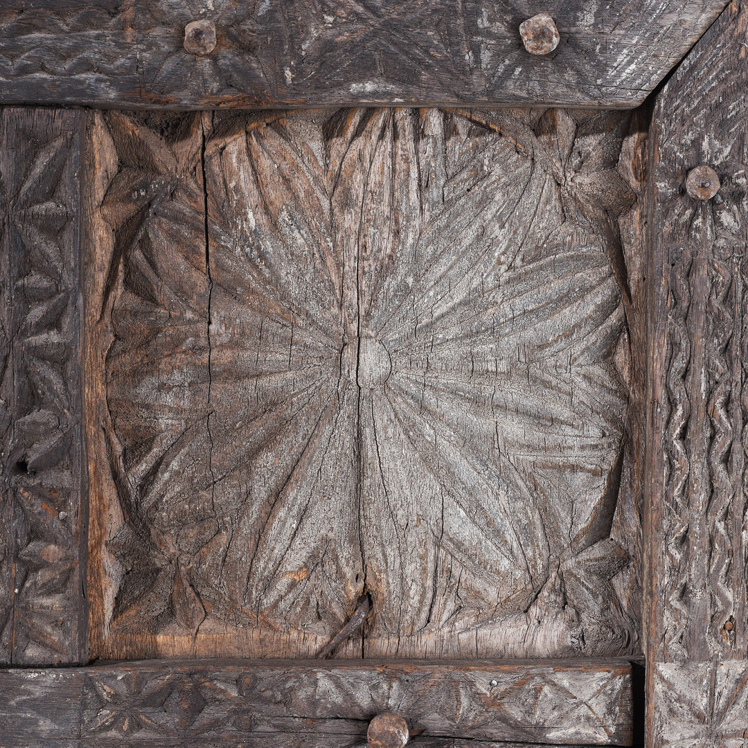 Carving Detail From 19th Century Hand Carved Cedar Door Panel From Kullu With Animal And Geometric Motifs | Indigo Antiques