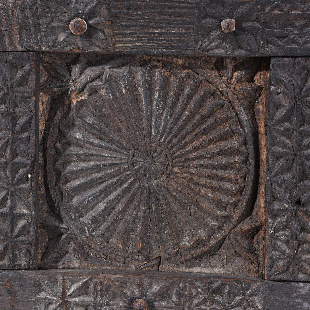 Carving Detail From 19th Century Hand Carved Cedar Door Panel From Kullu With Animal And Geometric Motifs | Indigo Antiques
