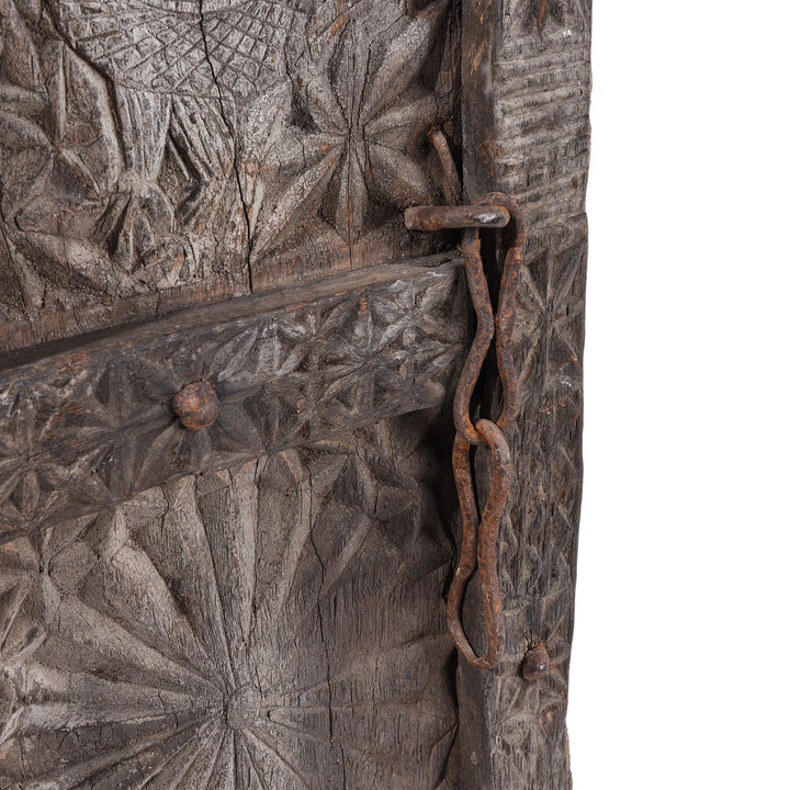 Latch Detail From 19th Century Hand Carved Cedar Door Panel From Kullu With Animal And Geometric Motifs | Indigo Antiques