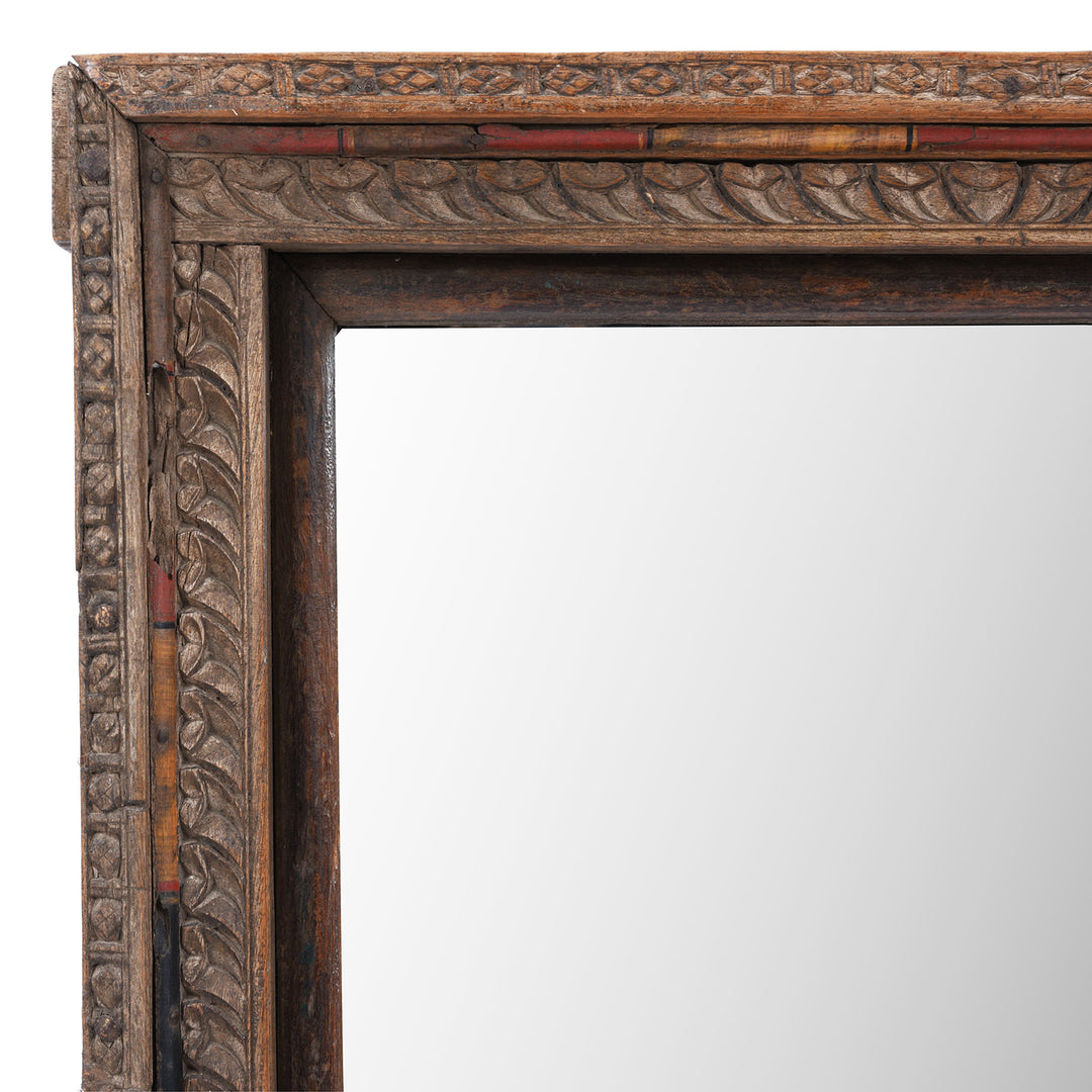 Corner Detail From 19th Century Shekhawati Roheda Wood Mirror Crafted From An Antique Carved Window Frame With Original Painted Beadwork Details