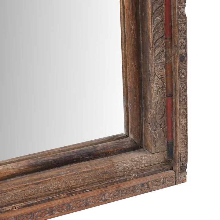 Depth Detail From 19th Century Shekhawati Roheda Wood Mirror Crafted From An Antique Carved Window Frame With Original Painted Beadwork Details