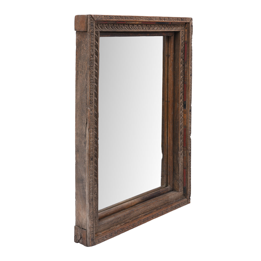 Angled View Of 19th Century Shekhawati Roheda Wood Mirror Crafted From An Antique Carved Window Frame With Original Painted Beadwork Details