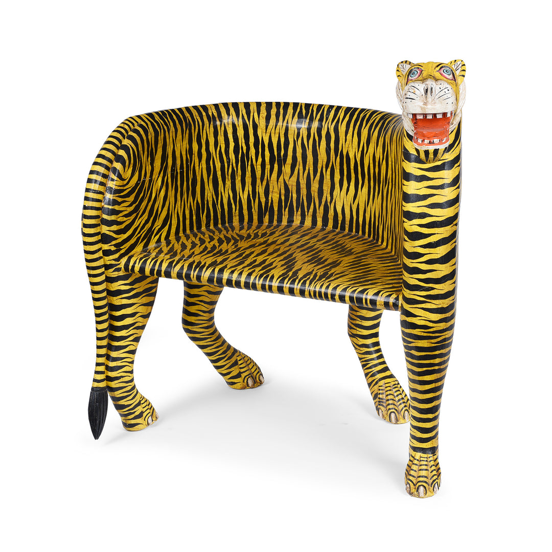 Angled VIew Of Right Facing Painted Tiger Chair Made From Wood | Indigo Antiques