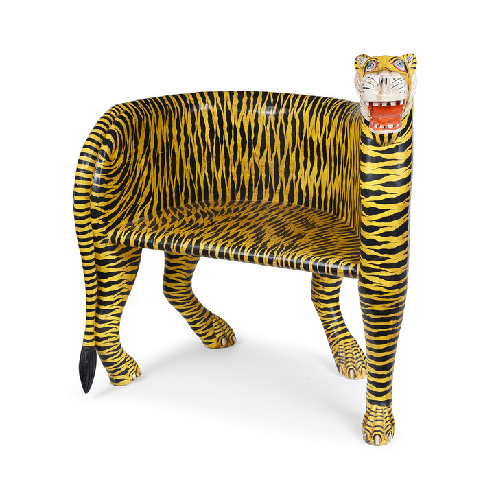 Angled VIew Of Right Facing Painted Tiger Chair Made From Wood | Indigo Antiques