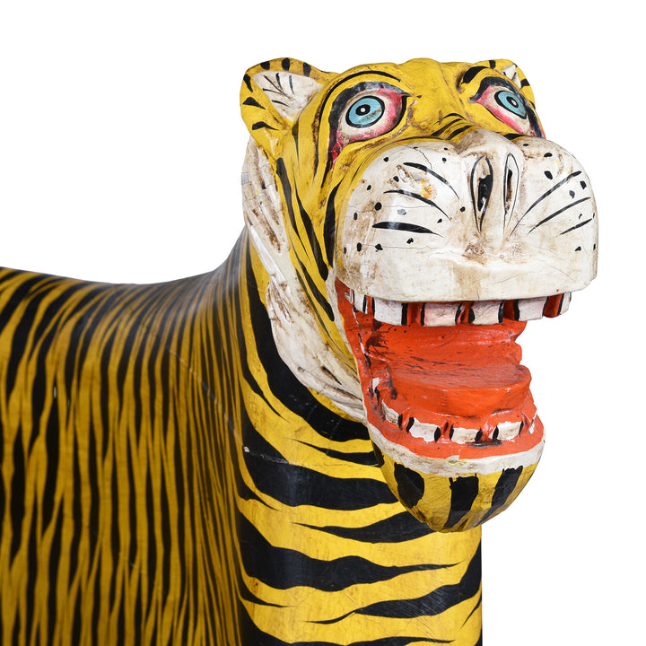 Face Detail From Right Facing Painted Tiger Chair Made From Wood | Indigo Antiques