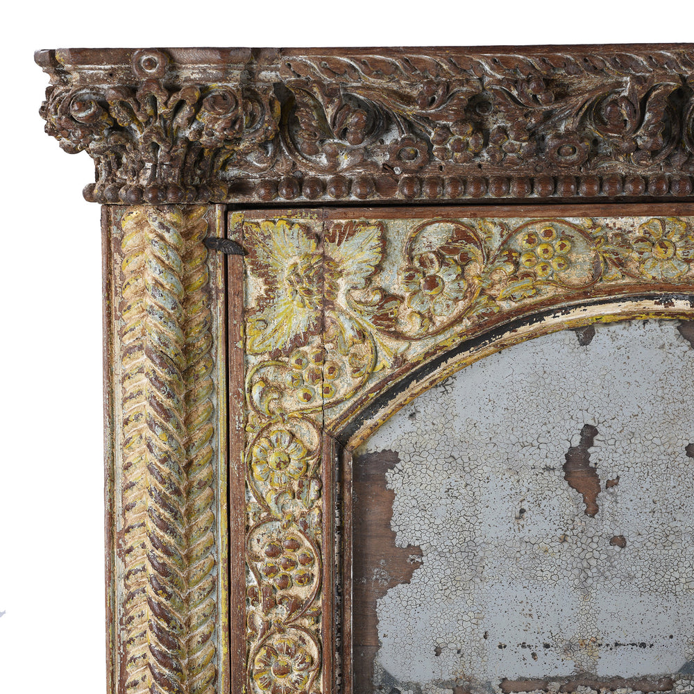 Corner Detail From Antique Indian Painted Almirah With Mirror | Indigo Antiques