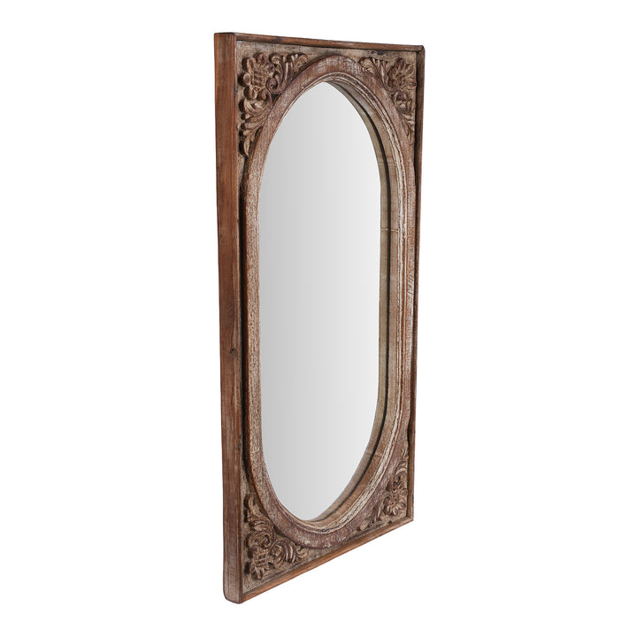 Angled VIew Of Indian Reclaimed Carved Teak Mirror | Indigo Antiques