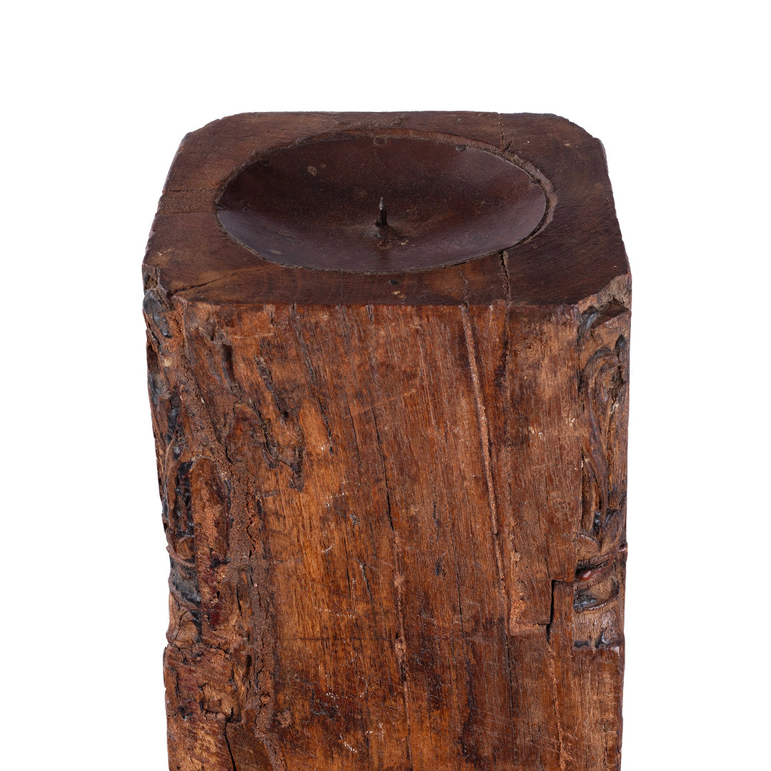 Candle Holder From Tall 19th-century Indian carved teak architectural pillar converted into a floor-standing candlestick, with ornate floral carving, rich aged patina and metal candle dish.