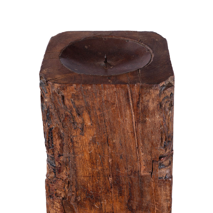 Candle Holder From Tall 19th-century Indian carved teak architectural pillar converted into a floor-standing candlestick, with ornate floral carving, rich aged patina and metal candle dish.