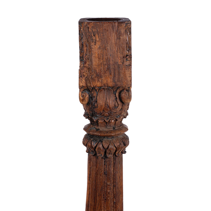 Detail From Tall 19th-century Indian carved teak architectural pillar converted into a floor-standing candlestick, with ornate floral carving, rich aged patina and metal candle dish.