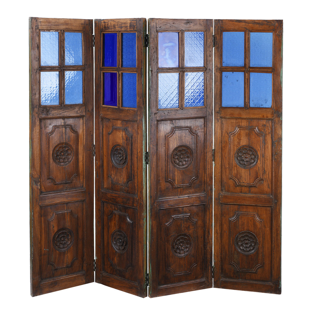 Reclaimed Indian Blue Painted Teak Folding Screen | Indigo Antiques