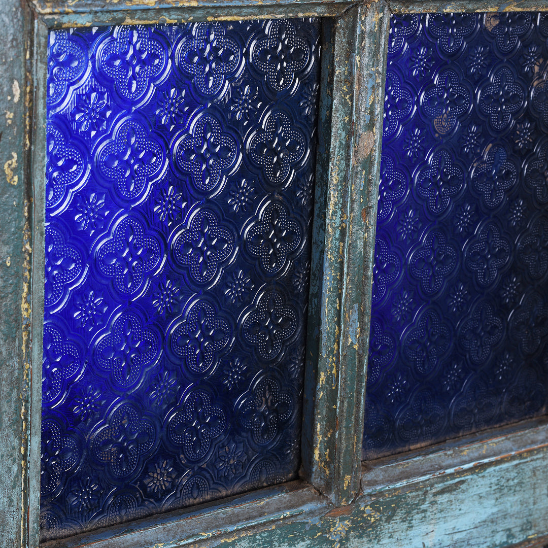 Glass Detail From Reclaimed Indian Blue Painted Teak Folding Screen | Indigo Antiques