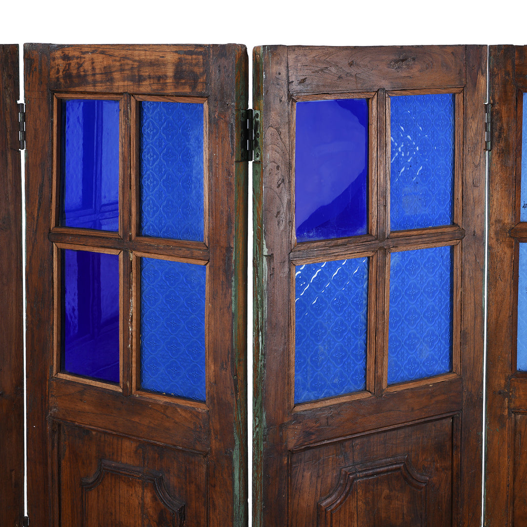 Glass Detail From Reclaimed Indian Blue Painted Teak Folding Screen | Indigo Antiques