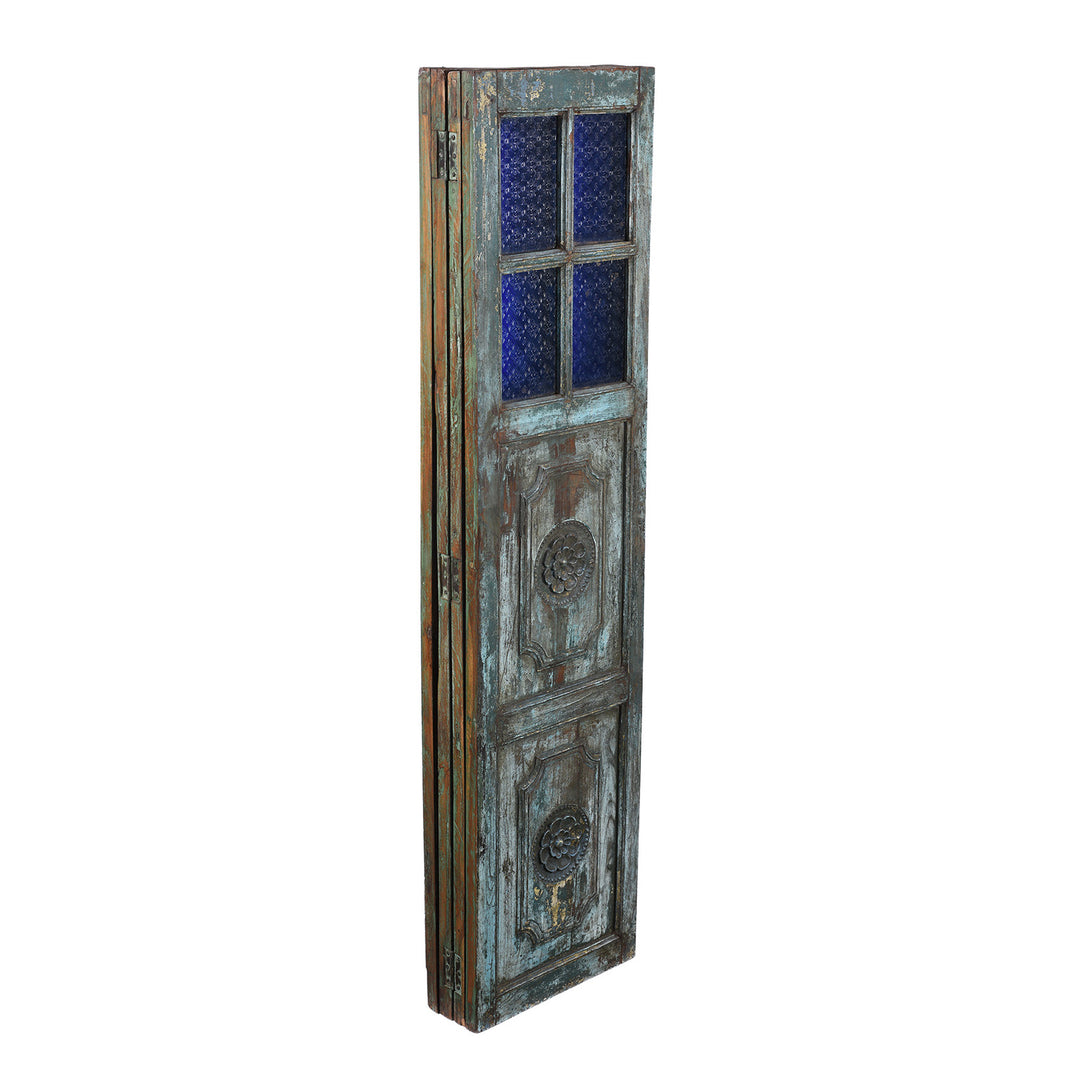 Closed View Of Reclaimed Indian Blue Painted Teak Folding Screen | Indigo Antiques