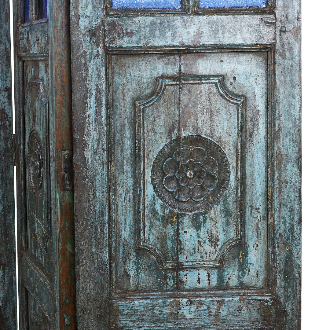 Carving Detail From Reclaimed Indian Blue Painted Teak Folding Screen | Indigo Antiques
