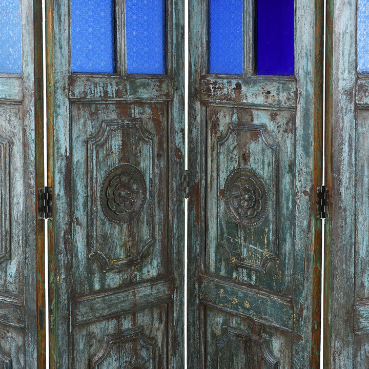 Close Up Detail From Reclaimed Indian Blue Painted Teak Folding Screen | Indigo Antiques