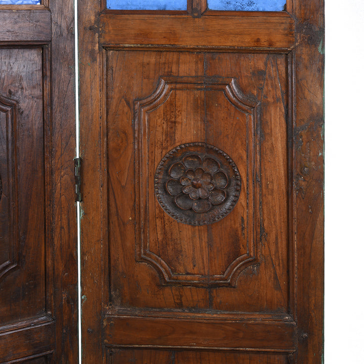 Carving Detail From Reclaimed Indian Blue Painted Teak Folding Screen | Indigo Antiques