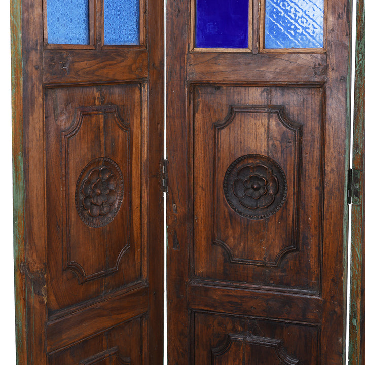 Fold Detail From Reclaimed Indian Blue Painted Teak Folding Screen | Indigo Antiques