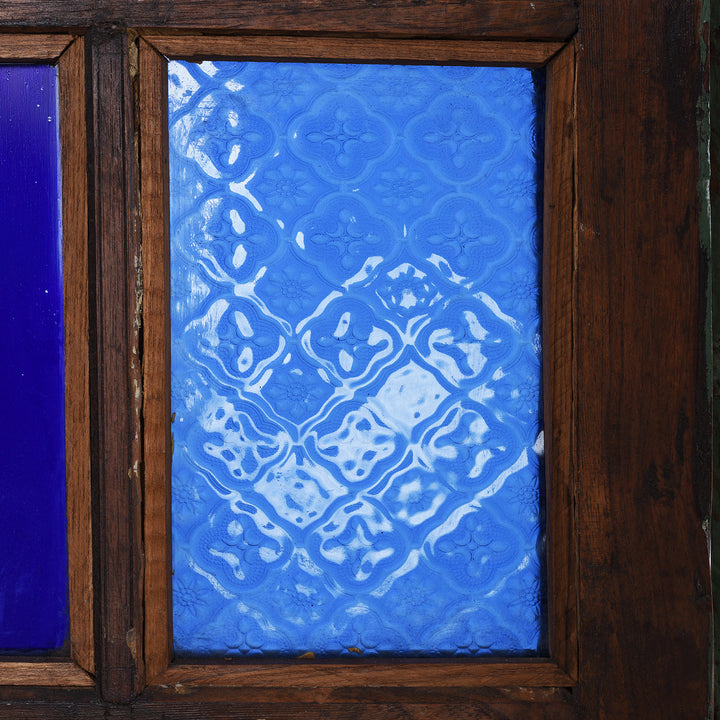 Glass Detail From Reclaimed Indian Blue Painted Teak Folding Screen | Indigo Antiques