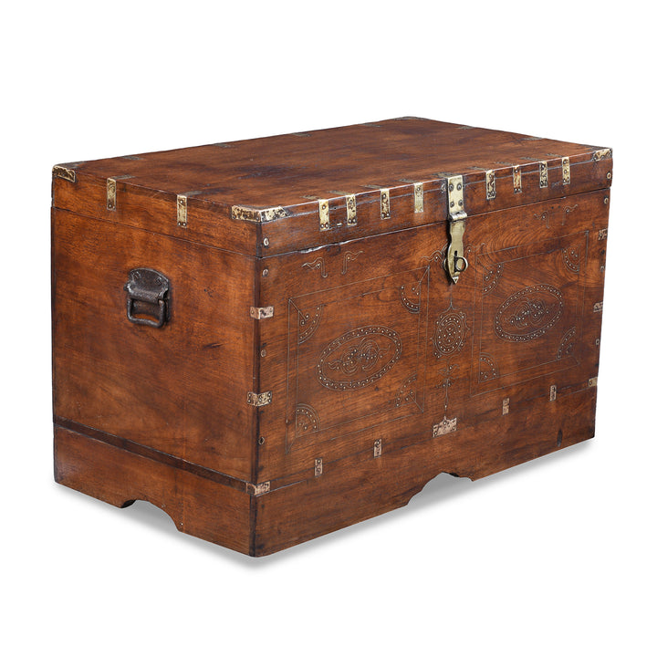 Angled VIew Of Antique Indian Brass Bound Burmese Dowry Chest