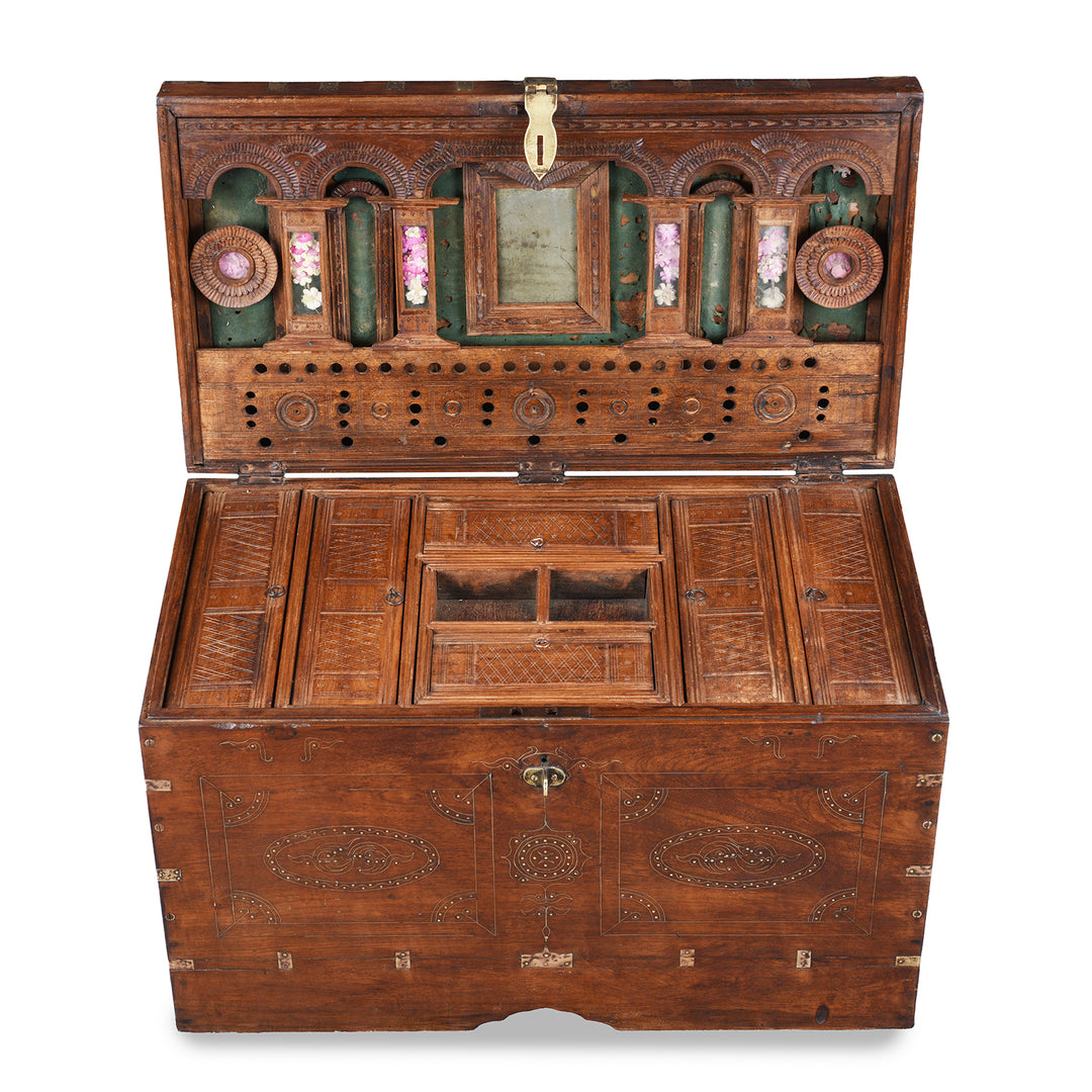Interior View Of Antique Indian Brass Bound Burmese Dowry Chest