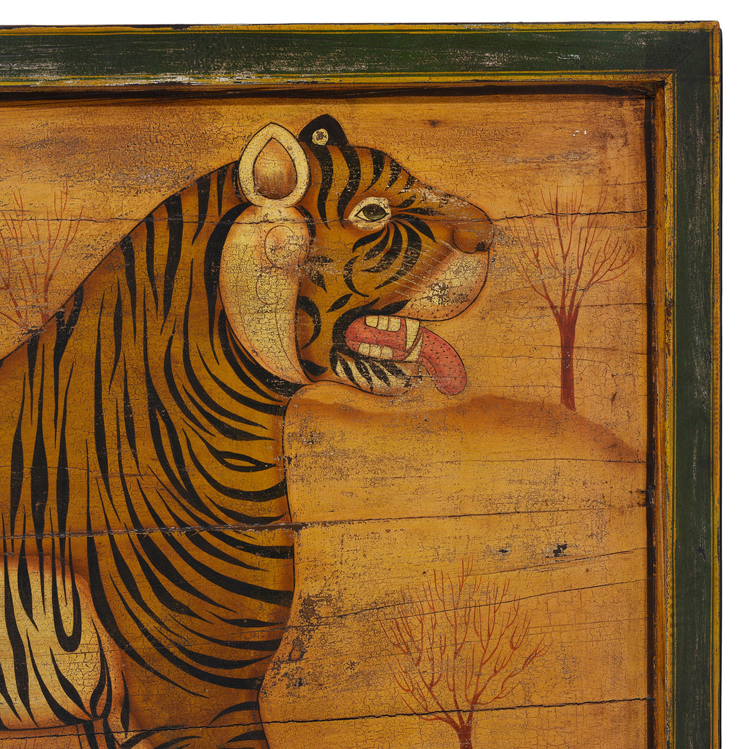 Face Detail From Vibrant Rajasthani Folk Art Tiger Panel Painted In Natural Pigments And Framed In Solid Wood