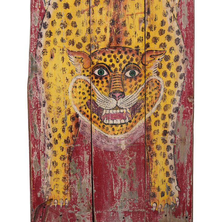 Face Detail From Vintage Painted Leopard Panel From Madhya Pradesh | INDIGO ANTIQUES
