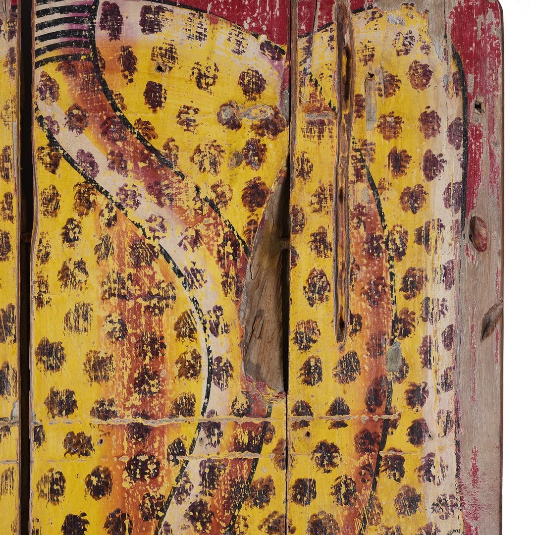 Historic Damage Detail On Vintage Painted Leopard Panel From Madhya Pradesh | INDIGO ANTIQUES