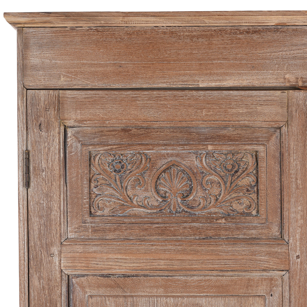 Corner Detail Showing Carving On 19Th Century Indian Limed Wood Wardrobe With Carved Panels Internal Compartments Drawer And Hanger Rail