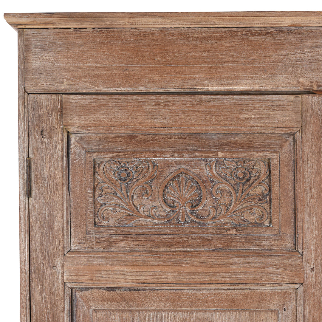 Corner Detail Showing Carving On 19Th Century Indian Limed Wood Wardrobe With Carved Panels Internal Compartments Drawer And Hanger Rail