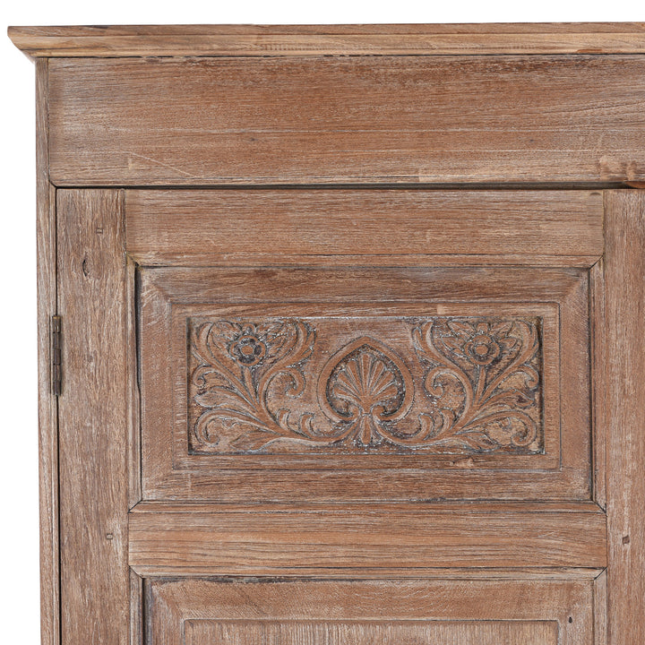 Corner Detail Showing Carving On 19Th Century Indian Limed Wood Wardrobe With Carved Panels Internal Compartments Drawer And Hanger Rail