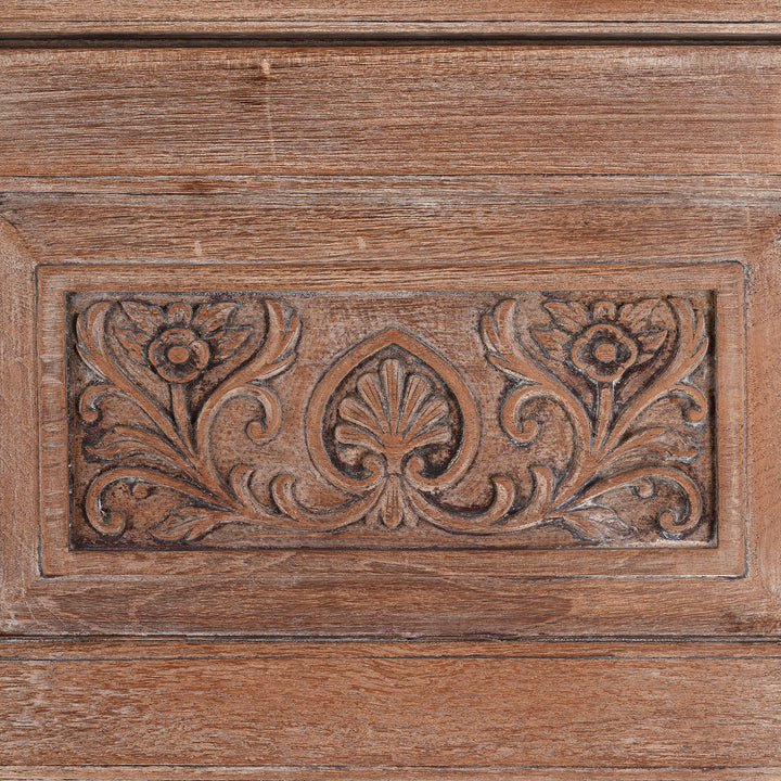 Carving Detail From 19Th Century Indian Limed Wood Wardrobe With Carved Panels Internal Compartments Drawer And Hanger Rail