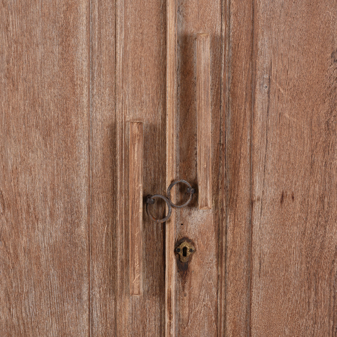 Handles Detail From 19Th Century Indian Limed Wood Wardrobe With Carved Panels Internal Compartments Drawer And Hanger Rail