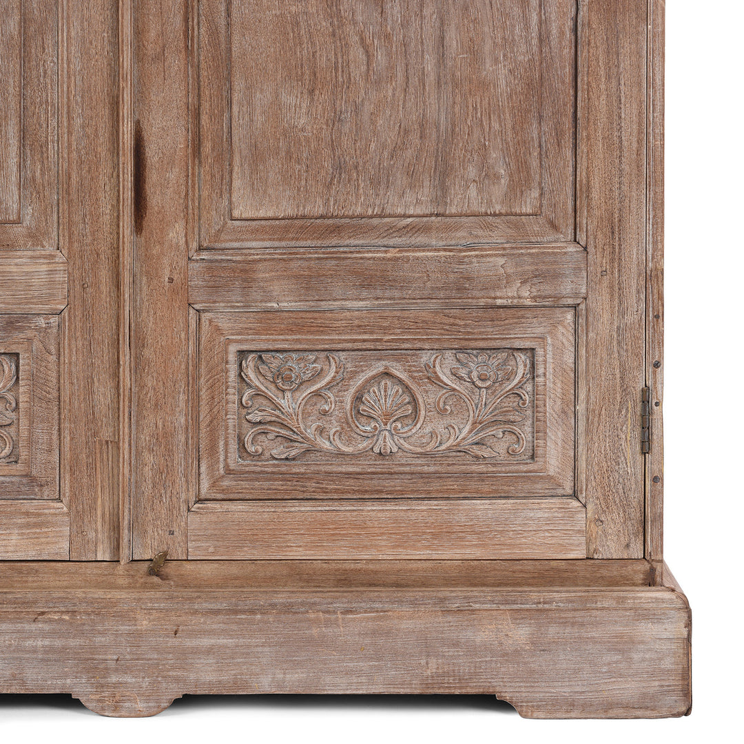 Base Detail From 19Th Century Indian Limed Wood Wardrobe With Carved Panels Internal Compartments Drawer And Hanger Rail