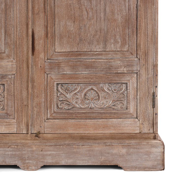Base Detail From 19Th Century Indian Limed Wood Wardrobe With Carved Panels Internal Compartments Drawer And Hanger Rail