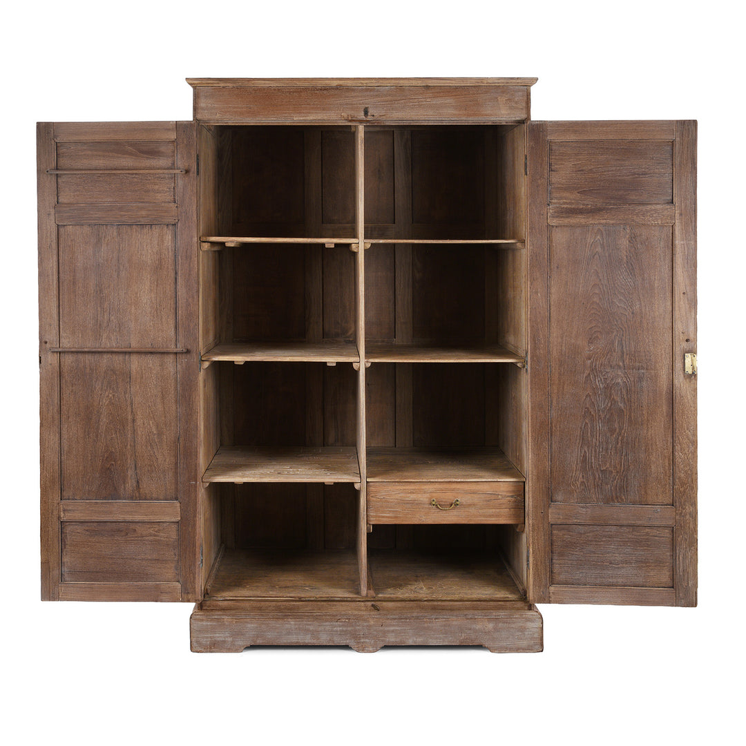 Open View Of 19Th Century Indian Limed Wood Wardrobe With Carved Panels Internal Compartments Drawer And Hanger Rail